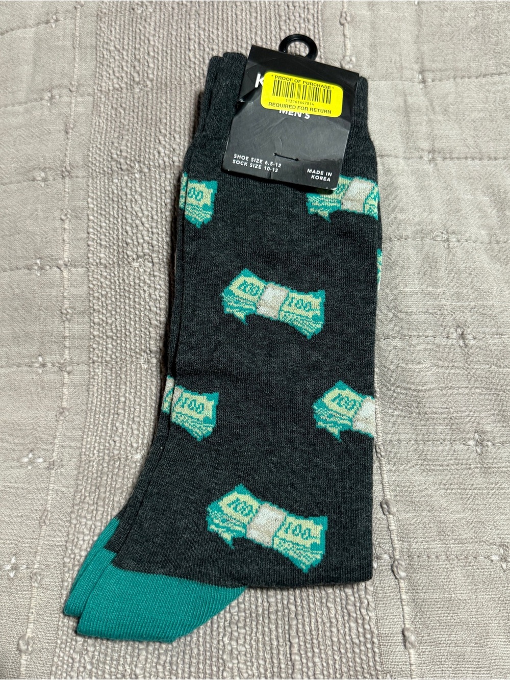 New K. Bell Crew Socks Men 1 Pair Money Print Gray/Teal Size 10-13